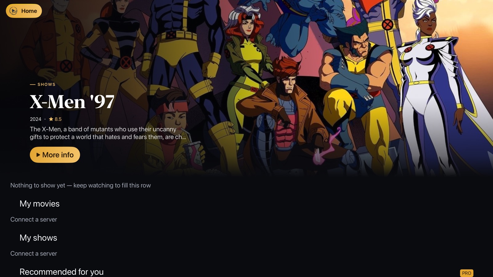 Apple TV の Maëlia ホーム画面 — X-Men '97 のヒーロー